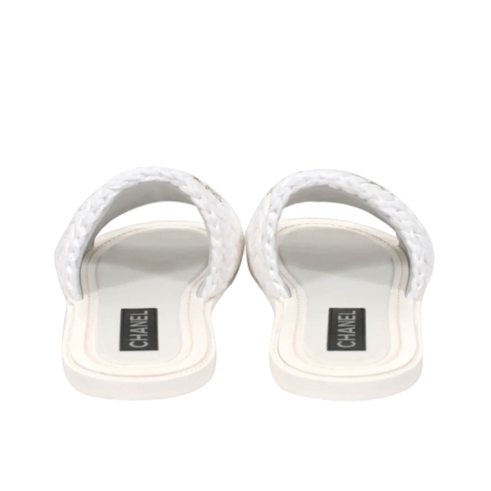 π Chanel Logo Sandals White Raffia Crystal Strass Flats Flip Flop mules - Picture 4 of 11